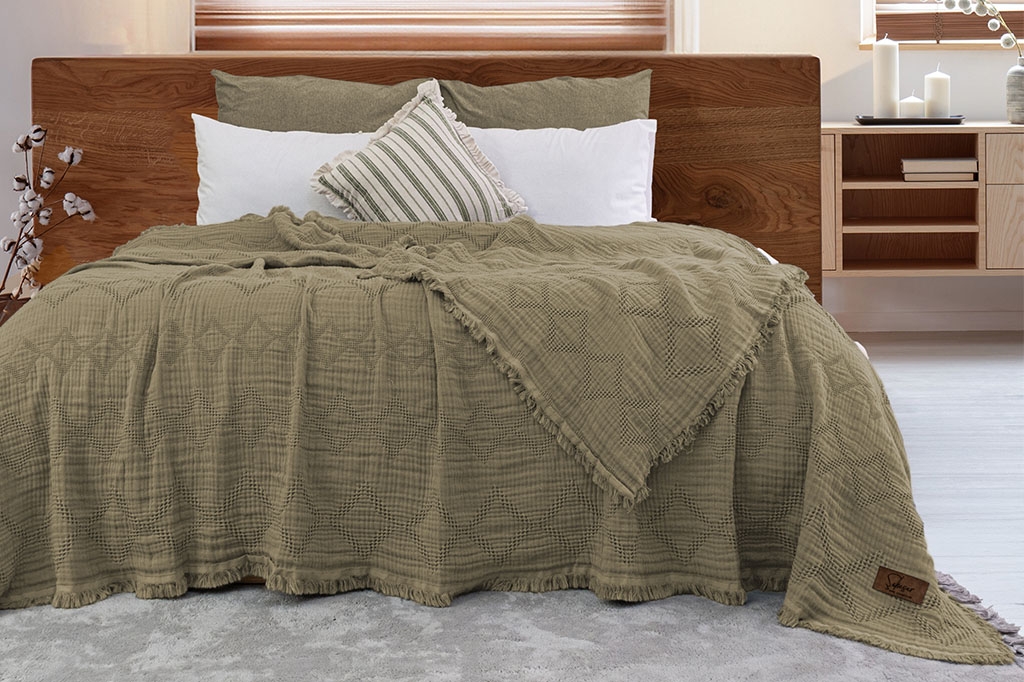 Muslin bedspread, double, OSCAR KHAKI