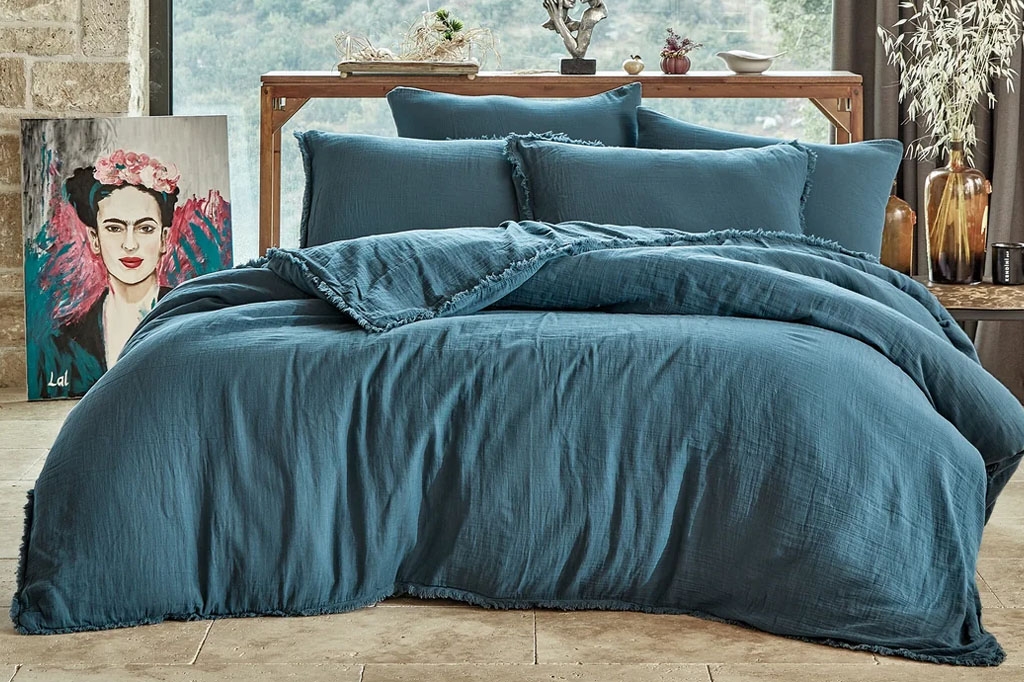 Muslin bed linen SHINE PETROL BLUE